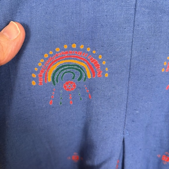 FabIndia Women's XS Tunic Top‎ Linen Blend Blue Rainbow Pattern Blouse EUC - Picture 7 of 14